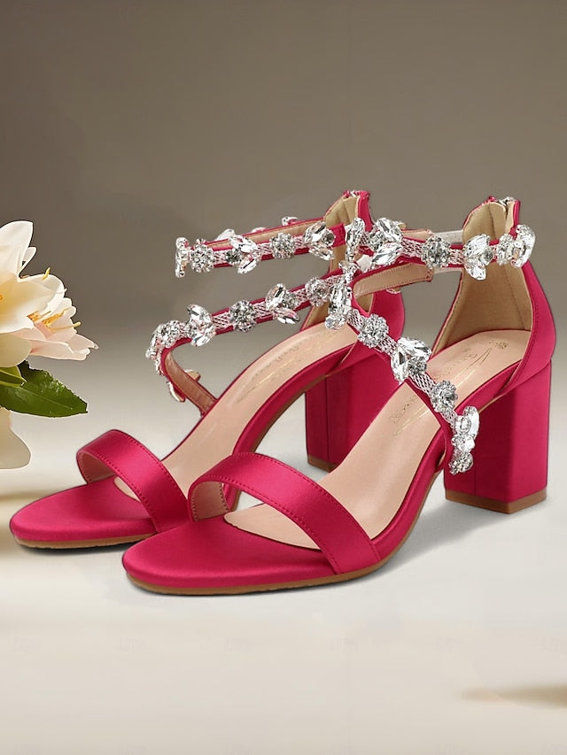 Crystal with Sandals Satin Heel Women's Pink Straps Block