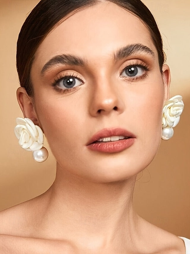 Earrings Elegant Drop with Pearl Stud Faux Women's Flower