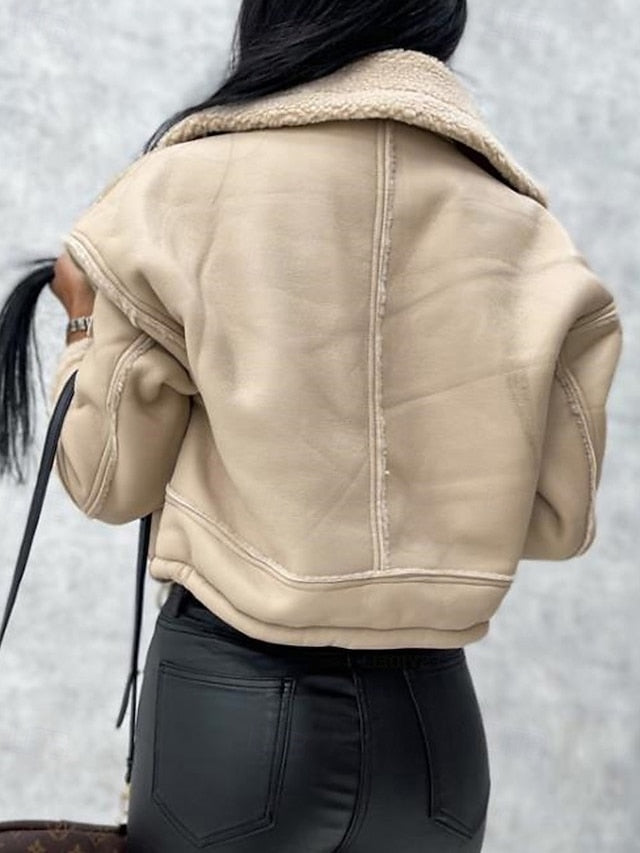 Buttons Faux Leather Women's Comfortable Pocket Warm Jacket