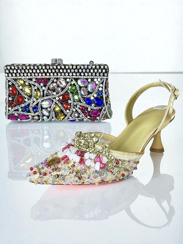 - Green Bag Heel Women's Set Clutch Shoes and Rhinestone