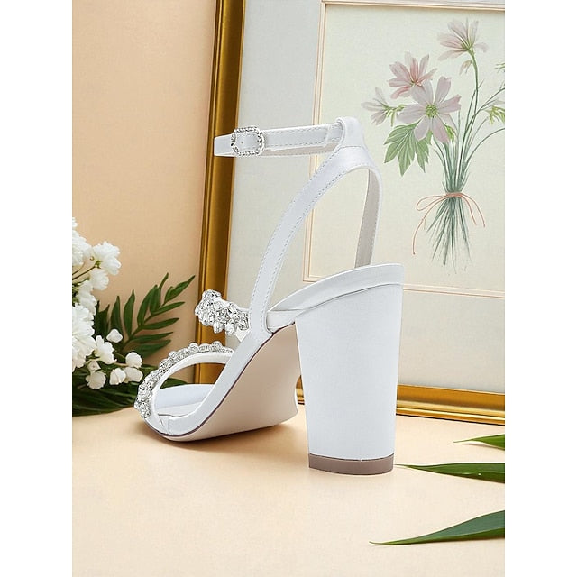 - Heel White Women's Block Rhinestone Straps with Sandals