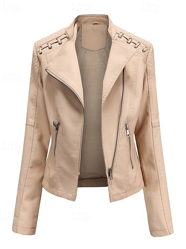 Pocket Jacket Faux Women's Zipper Comfortable Leather