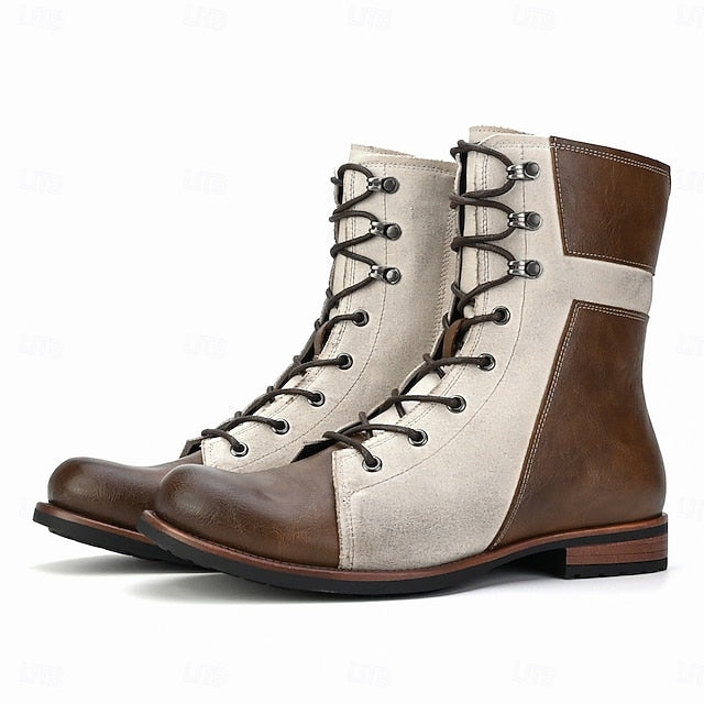 Lace-Up Boots Vintage Leather Faux Men's Mid-Calf Two-Tone