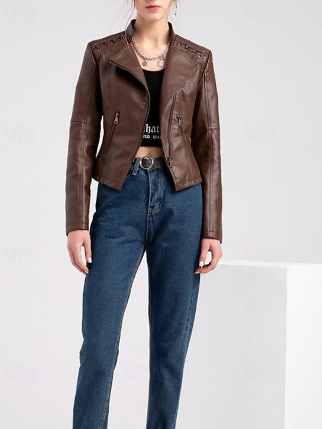 Pocket Jacket Faux Women's Zipper Comfortable Leather