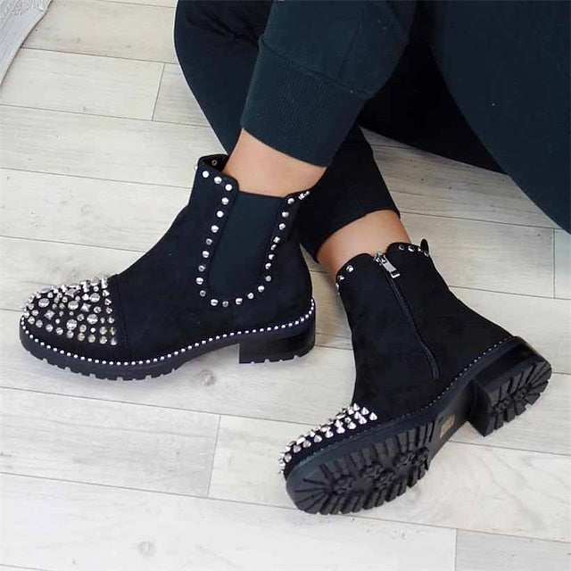 Sole for – Chunky Women Boots Ankle Black Studded Chelsea