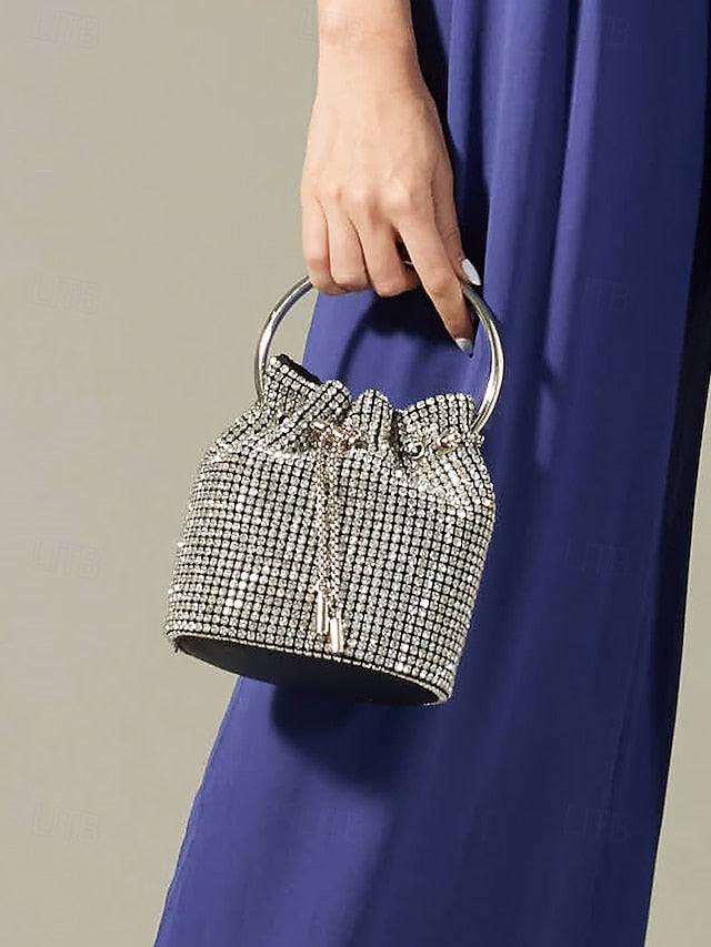 Silver with Rhinestone Women's Bucket Bag Sparkling Metal