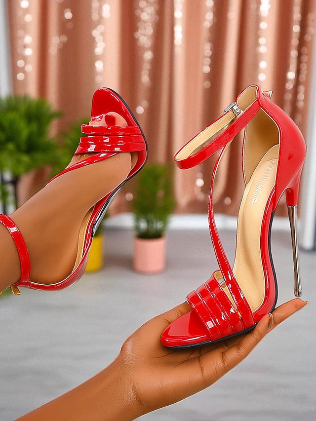 - Stiletto High Red Women's Strappy Heels Patent Sandals PU