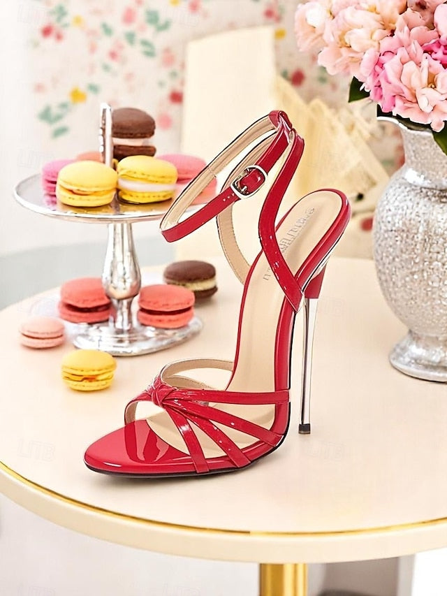 - Strappy Red Stiletto Heels Leather Women's Knot Patent