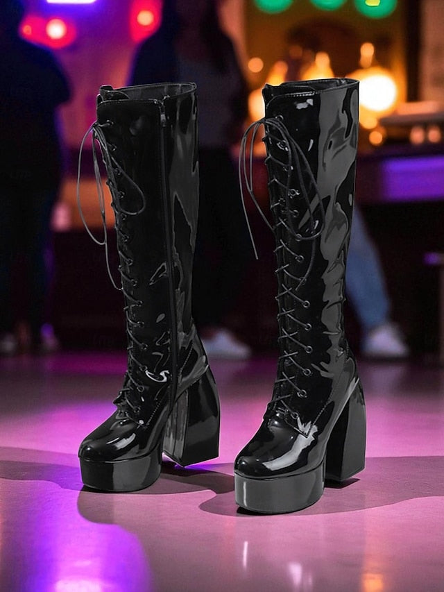 Women's - Lace-Up Silver Platform High Boots Knee Metallic