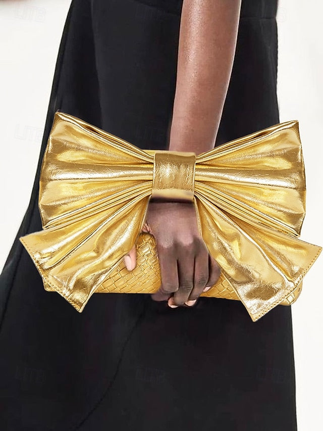 Gold Bow Oversized Women's with Bag Faux Clutch Leather