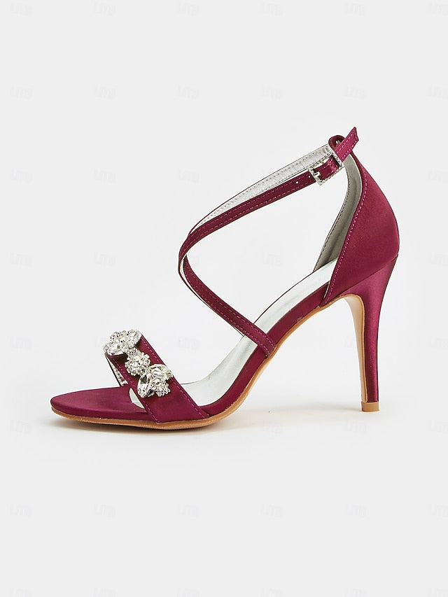 Straps Heels Women's with Purple Stiletto Satin Rhinestone