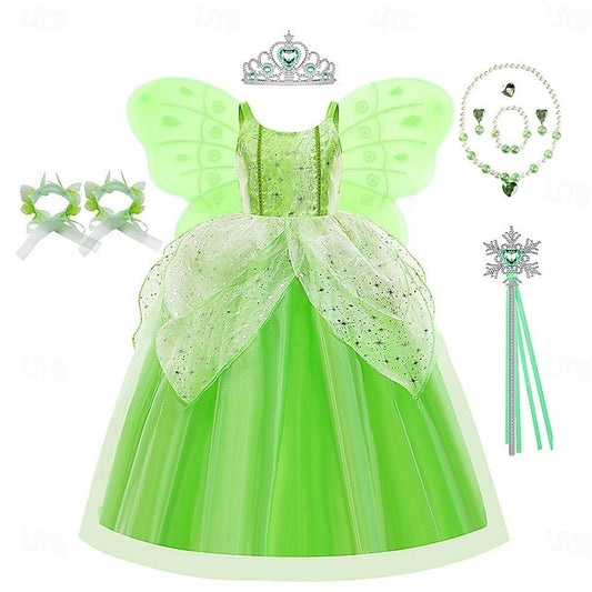 Tiana Fairytale Dress Girl Princess Theme Bell Tinker Flower