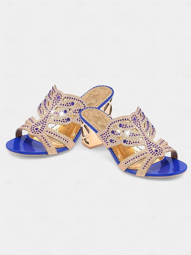 - Rhinestone and Heeled Embellished Sandals Gold Green