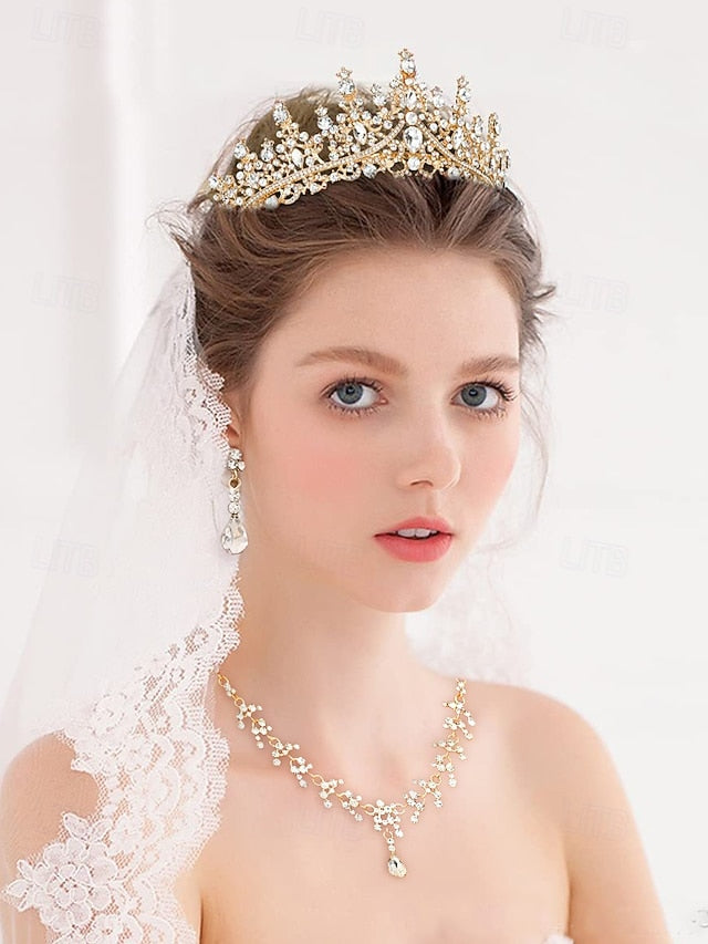 Crown Set Gold-Plated Diamond Sparkling Tiara Necklace – and