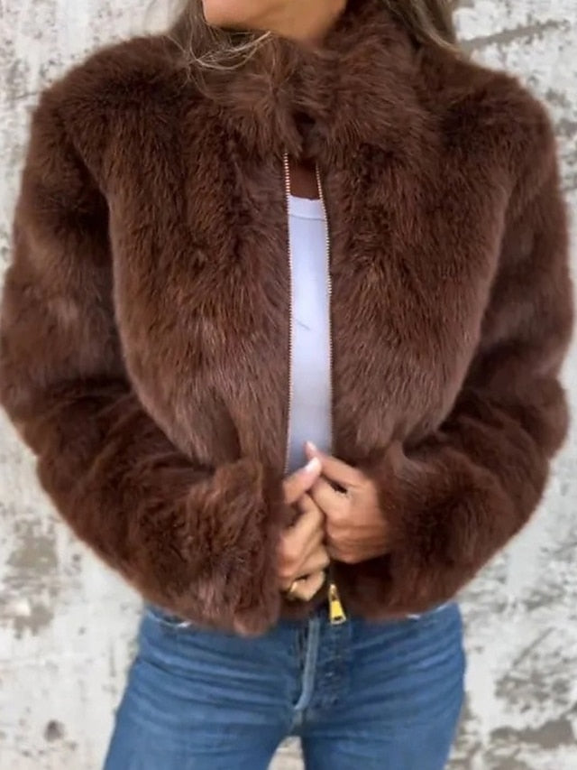 Fur Breathable Plain Women's Faux Warm Zipper Coat Casual