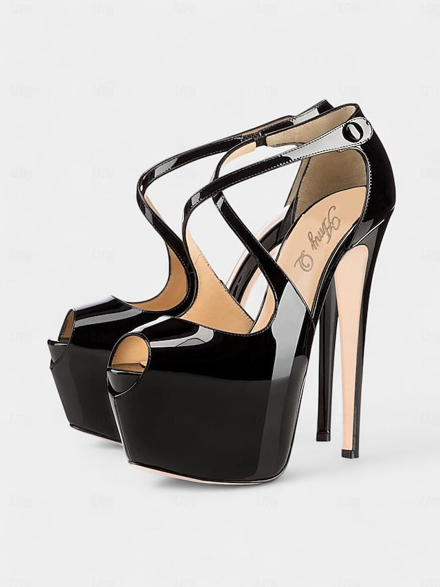 Stiletto Platform Cross with Patent Leather Black Red and Heels