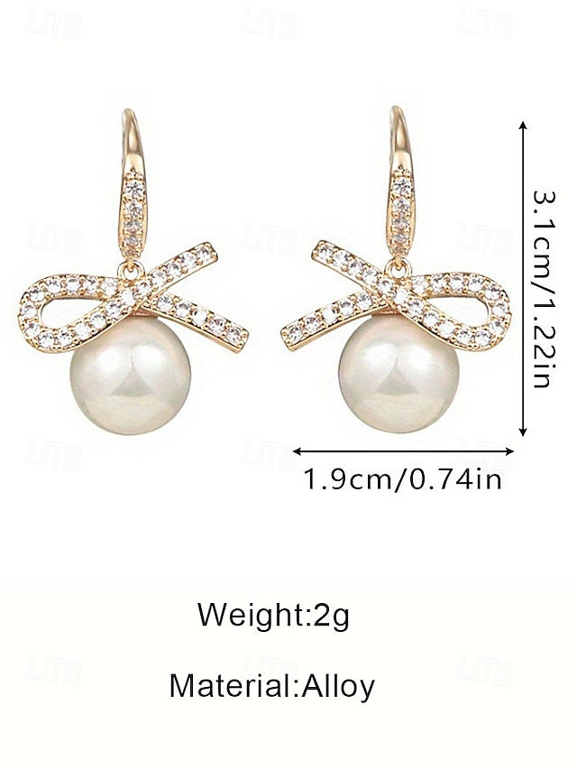 Bow Earrings Christmas Rhinestone with Pearl Women's and