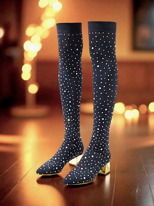 Pointed Rhinestone Over-the-Knee Women's Boots with Black