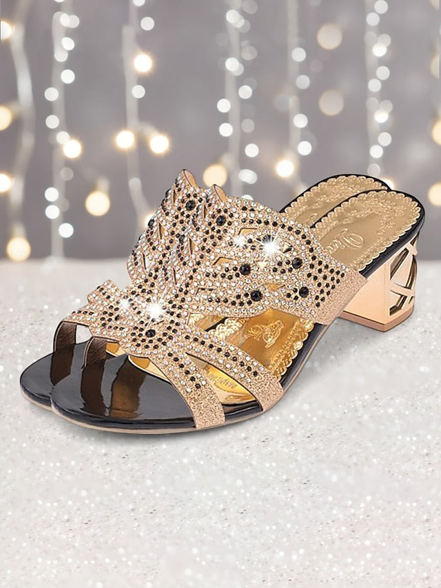 - Rhinestone and Heeled Embellished Sandals Gold Green