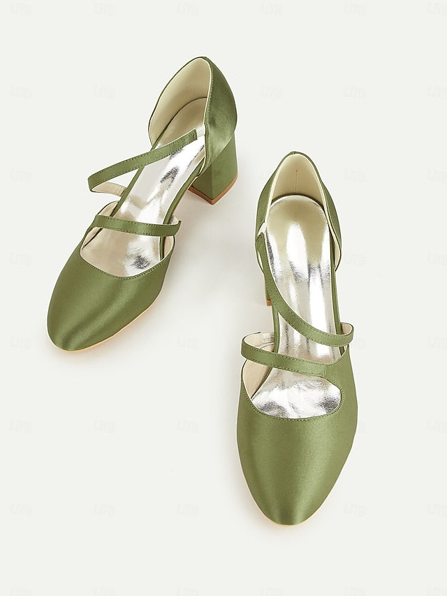 – Women's Mary Jane 1950s Heels Satin Green Elegant Block