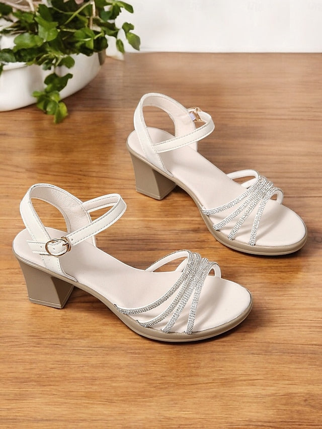 - Strappy with Black Rhinestones Comfortable Block Sandals Heel