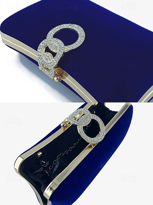 Blue Velvet Women's Clutch with Rhinestone Ring Elegant Bag