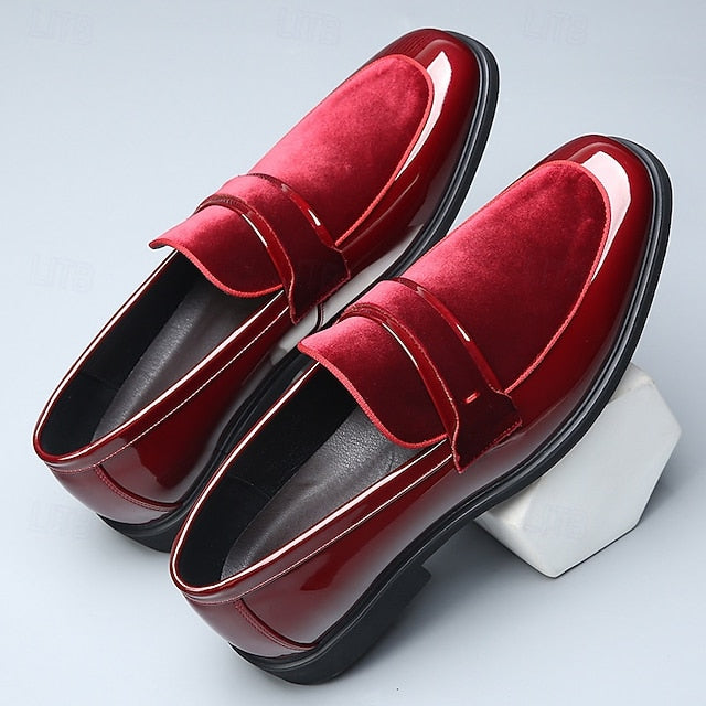 – Velvet Design Faux Sleek Leather with Red Men's Loafers