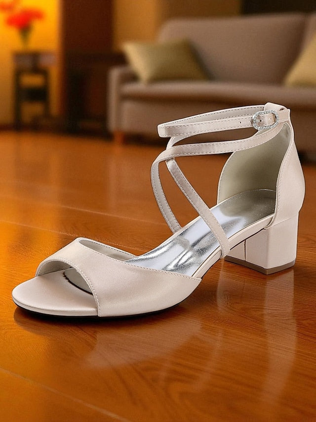 - Elegant Women's Satin Sandals Ankle Strap Heel Block with