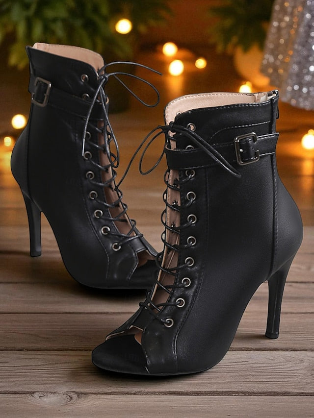 - Toe Peep Stiletto Black Booties High Women's Heel Lace-Up