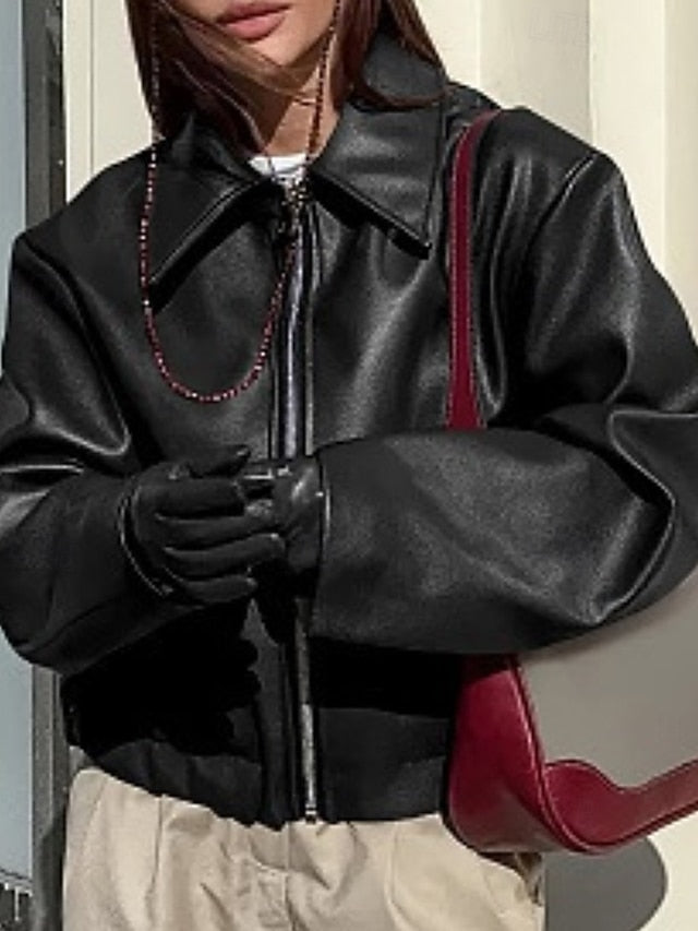 Leather Faux Pocket Jacket Women's Comfortable Zipper Warm