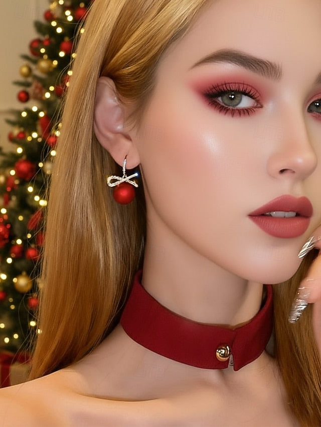 Bow Earrings Christmas Rhinestone with Pearl Women's and