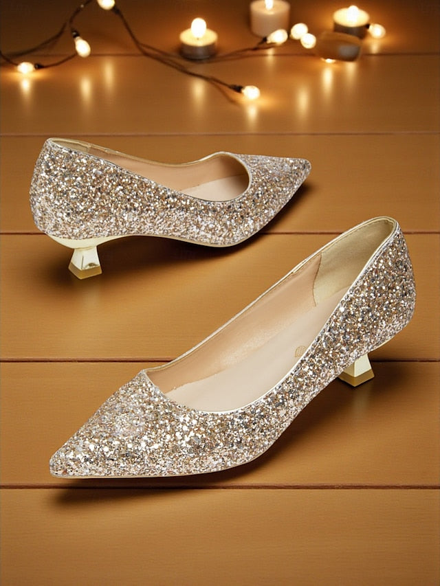 - Glitter Sparkly Pumps Low Toe Women's Heel Pointed
