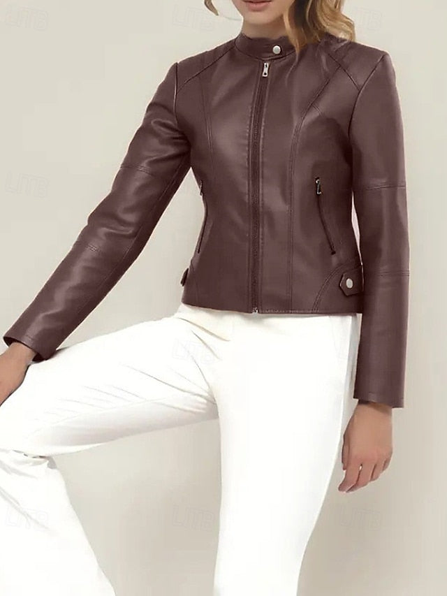 Jacket Comfortable Zipper Faux Women's Pocket Leather