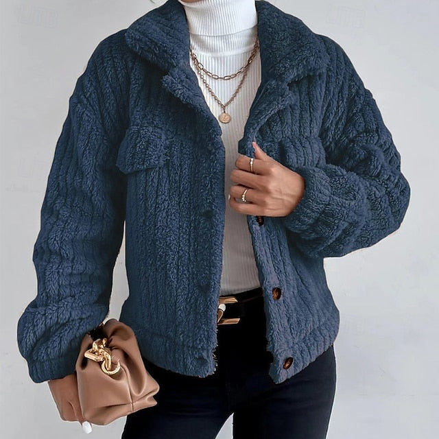 Women's Coat Casual Buttons Plain Comfortable Teddy Warm