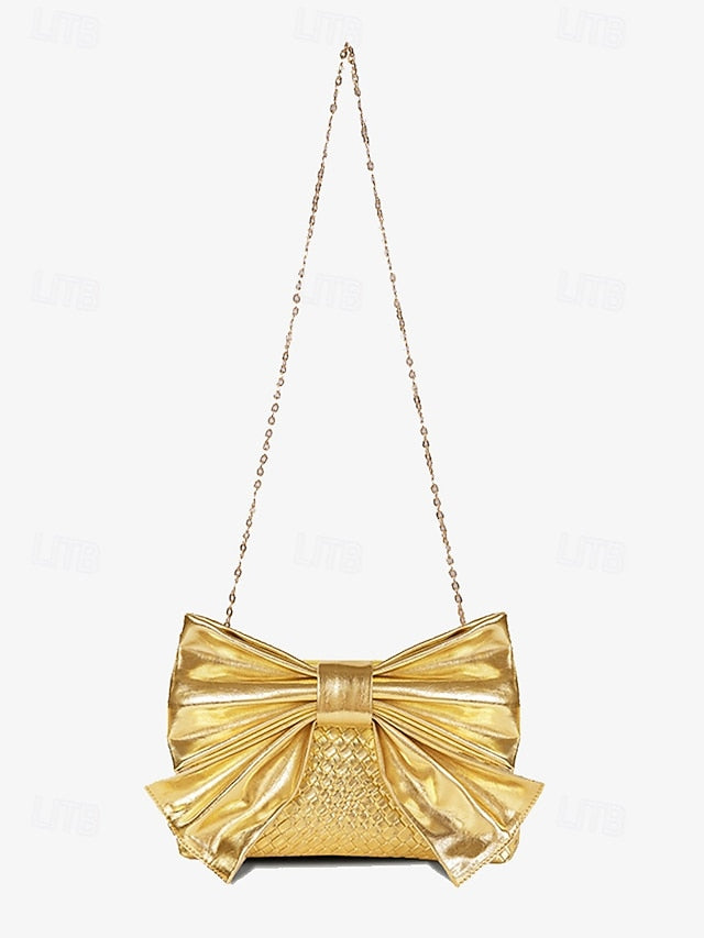Gold Bow Oversized Women's with Bag Faux Clutch Leather