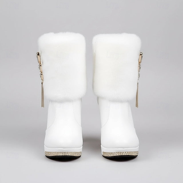 - Faux White Boots Fur Heels Rhinestone Women's with Ankle