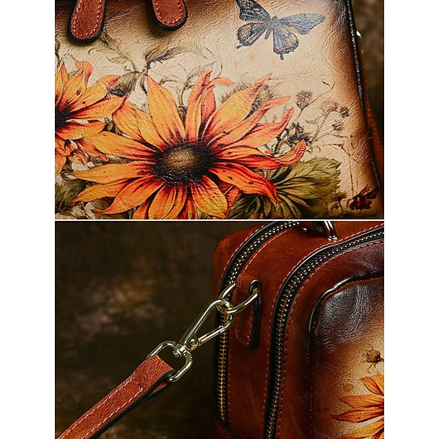 – Sunflower Print Vintage with Handbag Leather and Butterfly
