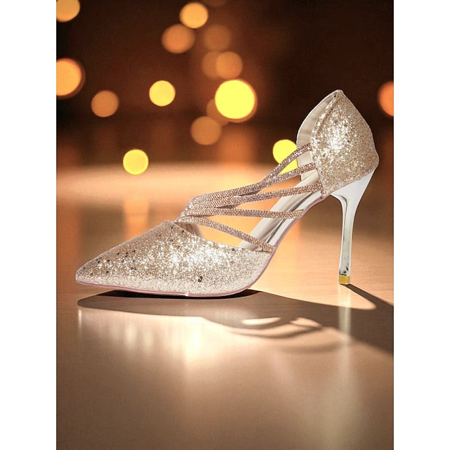- Heels Gold Glitter Pointed Women's Toe High Strappy