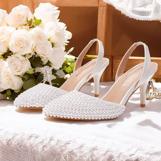 – Heels Pearl Slingback Embellishments White Women's with