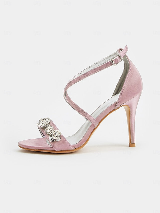 Straps Heels Women's with Purple Stiletto Satin Rhinestone