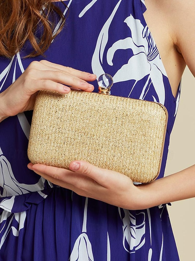 Stylish Elegant with Purse Pearl Clasp - Straw Clutch