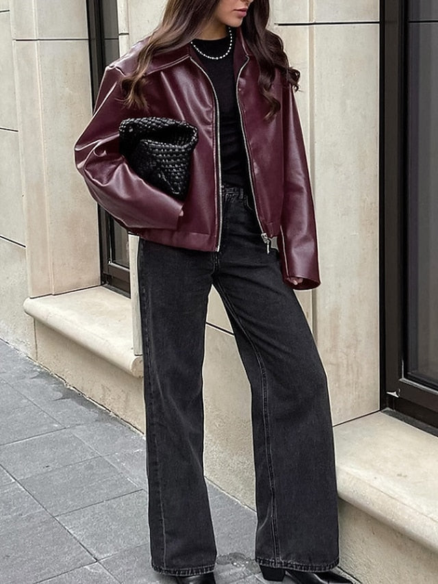 Leather Faux Pocket Jacket Women's Comfortable Zipper Warm