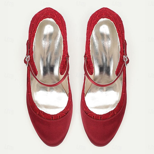 Women's Heels Lace Comfortable Mid-Heel - Satin Elegant Red