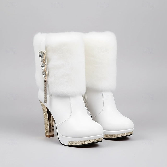 - Faux White Boots Fur Heels Rhinestone Women's with Ankle