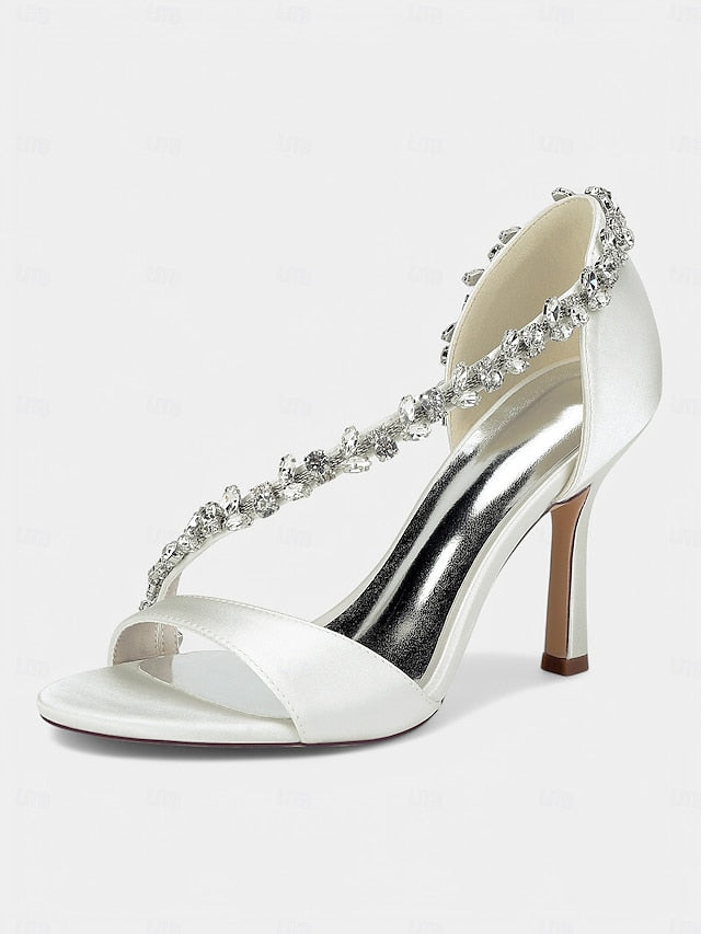 Heels – High Crystal Women's Champagne with T-Strap Satin