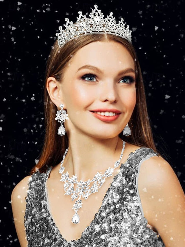 Tiara Women's Set Jewelry and Rhinestone Elegant – Silver