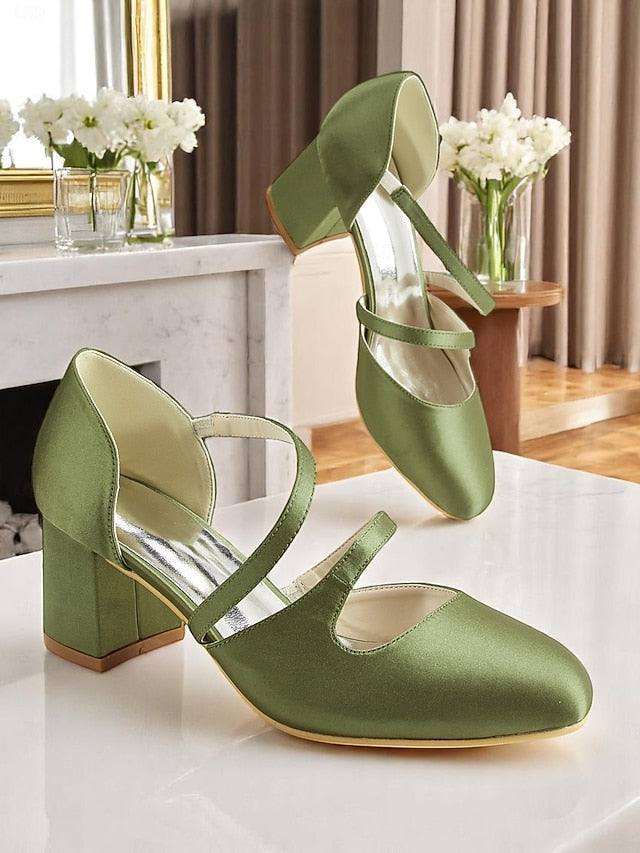– Women's Mary Jane 1950s Heels Satin Green Elegant Block