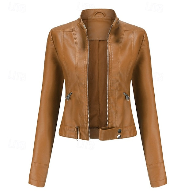Jacket Zipper Pocket Leather Comfortable Faux Women's
