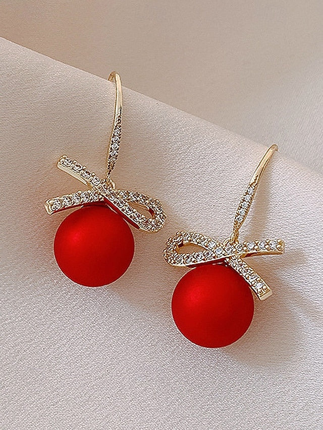 Bow Earrings Christmas Rhinestone with Pearl Women's and