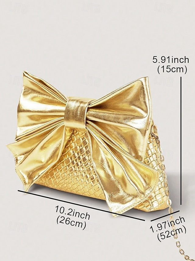 Gold Bow Oversized Women's with Bag Faux Clutch Leather